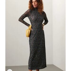 Rosetta Getty Mesh Floral Midi Dress SIZE 6 Black Long Sleeve Work Designer $440